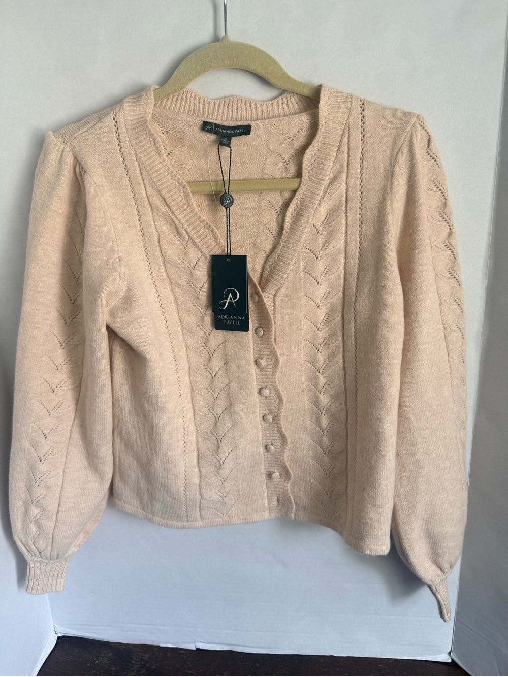 Adrianna Papell Pointelle Knit Cardigan Cable Sweater Top
